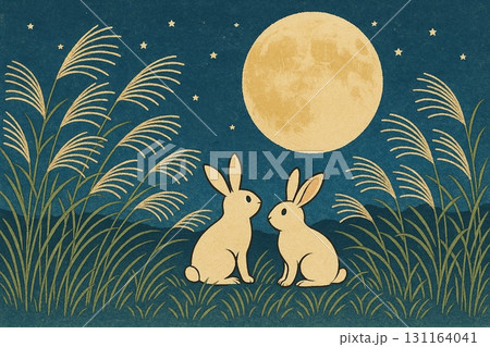 お月見イメージ　ススキ　満月　ウサギ　版画調 131164041