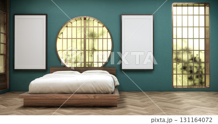 Bedroom with windows on the headboard and minimalist bed in a mint bedroom.3D rendering 131164072