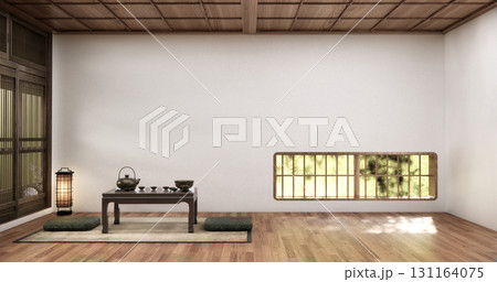 Horizontal windows are located near the floor and low table tea in a white room with a wood floor.3D rendering Horizontal windows are located near the floor and low table tea in a white room with a wood floor.3D rendering 131164075