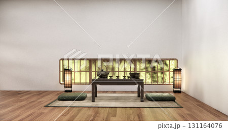 Horizontal windows are located near the floor and low table tea in a white room with a wood floor.3D rendering Horizontal windows are located near the floor and low table tea in a white room with a wood floor.3D rendering 131164076