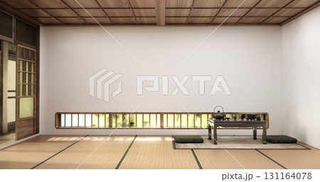Horizontal windows are located near the floor and low table tea in a white room with a tatamimat floor.3D rendering 131164078