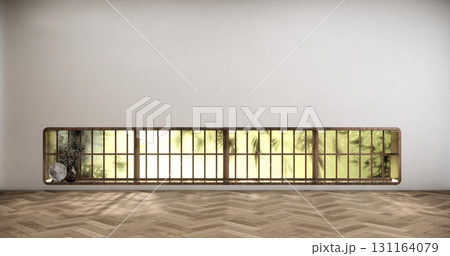Horizontal windows are located near the floor in a white room with a wood floor.3D rendering Horizontal windows are located near the floor in a white room with a wood floor.3D rendering 131164079