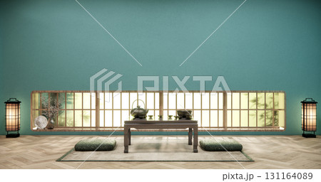 window with light shining through  and low table tea in mint color living room on wooden floor.3D rendering 131164089