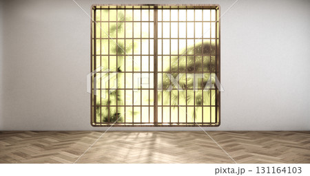 Vertical windows provide privacy in a white room with a wood-patterned floor.3D rendering Vertical windows provide privacy in a white room with a wood-patterned floor.3D rendering 131164103