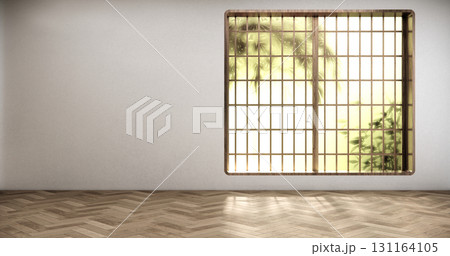Vertical windows provide privacy in a white room with a wood-patterned floor.3D rendering Vertical windows provide privacy in a white room with a wood-patterned floor.3D rendering 131164105