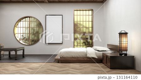 Bedroom with vertical windows on the headboard and minimalist bed in a white room with wooden floor.3D rendering 131164110
