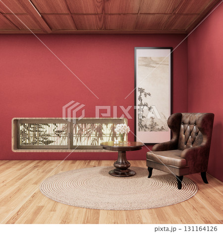 Viva magenta Living room with red wall and armchair japandi style.3D rendering Viva magenta Living room with red wall and armchair japandi style.3D rendering 131164126