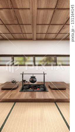 Window wall design on Japanese room with a fire pit in the middle of the room. 3D rendering 131164145
