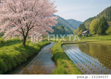 春 満開の桜 田んぼ 里山風景 フォトリアル 春 満開の桜 田んぼ 里山風景 フォトリアル 131164157