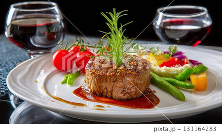 Elegant Grilled Beef Steak with Savory Sauce and Fresh Garnish Elegant Grilled Beef Steak with Savory Sauce and Fresh Garnish 131164283