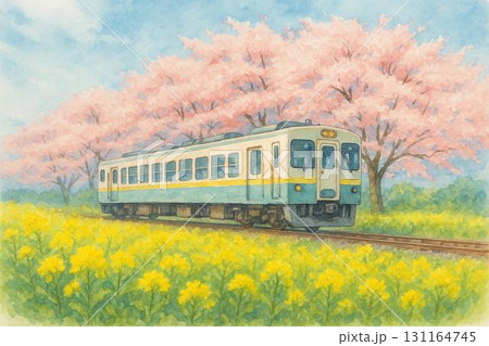 春　青空　桜　菜の花　ローカル線　水彩画 131164745