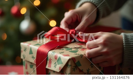 Close-Up of Hands Unwrapping a Gift Box with Ribbon on Christmas Background 131164876