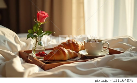 Romantic Breakfast in Bed Tray Setting with Croissants and Coffee Romantic Breakfast in Bed Tray Setting with Croissants and Coffee 131164879