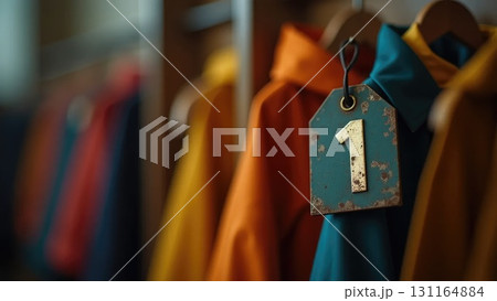 Vintage Soviet Coat Check Tag on Wooden Hanger - School Memories Macro Shot 131164884