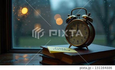 University Stress: Antique Alarm Clock on Calculus Book with Final Exam Note 131164886