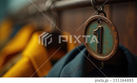 Vintage Soviet Coat Check Tag on Wooden Hanger - School Memories Macro Shot 131164893