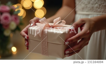 Bride or Groom Hands Unwrapping a White and Gold Wedding Gift 131164894