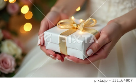 Bride or Groom Hands Unwrapping a White and Gold Wedding Gift 131164907