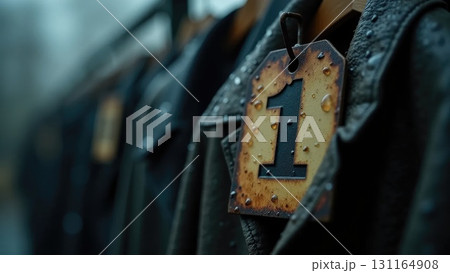 Old Worn-Out Coat Tag with Raindrops, Moody School Nostalgia Old Worn-Out Coat Tag with Raindrops, Moody School Nostalgia 131164908