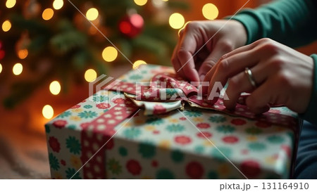 Close-Up of Hands Unwrapping a Gift Box with Ribbon on Christmas Background Close-Up of Hands Unwrapping a Gift Box with Ribbon on Christmas Background 131164910