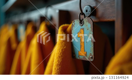 Vintage Soviet Coat Check Tag on Wooden Hanger - School Memories Macro Shot 131164924