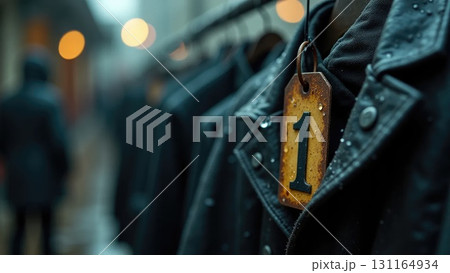 Old Worn-Out Coat Tag with Raindrops, Moody School Nostalgia 131164934
