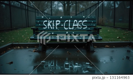 Rebel Schoolyard with Graffiti Reflections in Rain Puddles and Tipped Bench 131164963