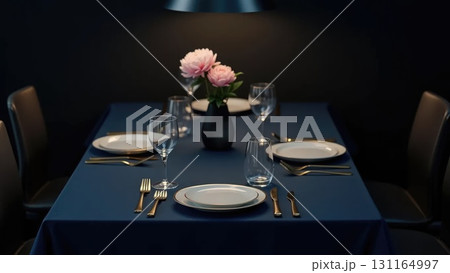 Elegant Minimalist Dinner Party Table Setting Awaiting Guests Overhead Elegant Minimalist Dinner Party Table Setting Awaiting Guests Overhead 131164997