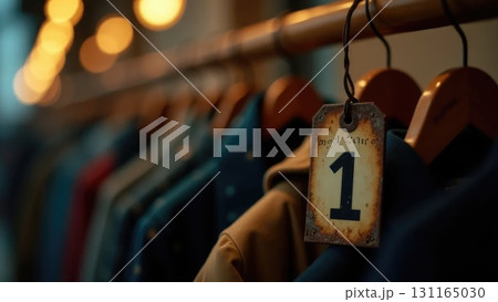Vintage Metal Coat Check Tag on Hanger with Blurred Coats, Back-to-School Symbolism Vintage Metal Coat Check Tag on Hanger with Blurred Coats, Back-to-School Symbolism 131165030