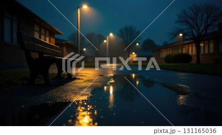 Night Rain Schoolyard with Lamp Reflections in Puddles and Lonely Bench Night Rain Schoolyard with Lamp Reflections in Puddles and Lonely Bench 131165036