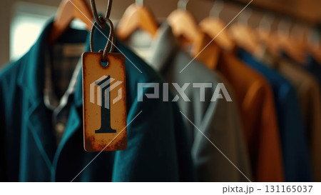 Vintage Metal Coat Check Tag on Hanger with Blurred Coats, Back-to-School Symbolism 131165037