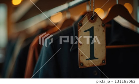 Vintage Metal Coat Check Tag on Hanger with Blurred Coats, Back-to-School Symbolism Vintage Metal Coat Check Tag on Hanger with Blurred Coats, Back-to-School Symbolism 131165062