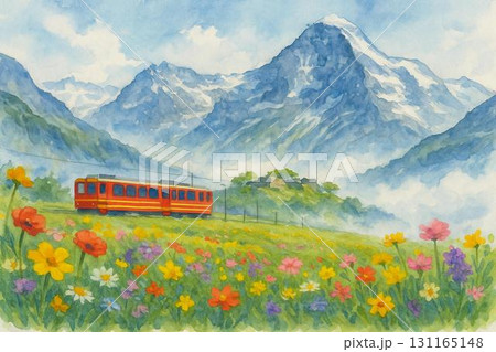 スイス 高原鉄道 アルプスイメージ 水彩画 スイス 高原鉄道 アルプスイメージ 水彩画 131165148