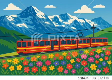 スイス　高原鉄道　アルプスイメージ　ベクター 131165150