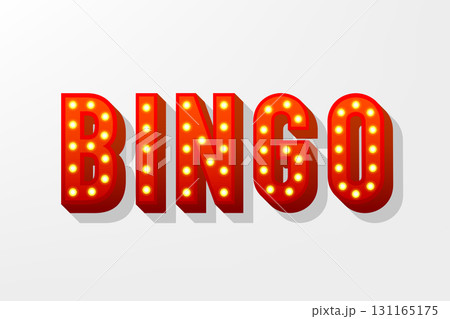 Bingo light bulb banner. Lottery retro lettering. Game of chance and casino concept. Signboard with neon light bulbs. Vintage volumetric letters. Vector illustration. Bingo light bulb banner. Lottery retro lettering. Game of chance and casino concept. Signboard with neon light bulbs. Vintage volumetric letters. Vector illustration. 131165175