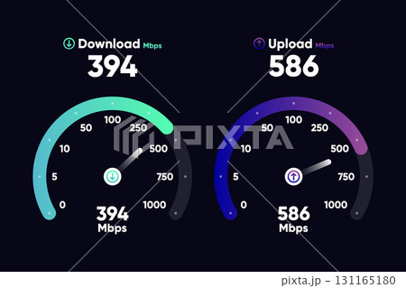 Internet download and upload speed test gauge. Internet speed test software and network performance information. Internet connection speed test. Modern design for software. Vector illustration. 131165180