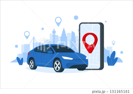 Car sharing service concept. Online car rental service. Car key in smartphone app. Phone with location mark. Vehicle remote parking. Vector illustration. Car sharing service concept. Online car rental service. Car key in smartphone app. Phone with location mark. Vehicle remote parking. Vector illustration. 131165181