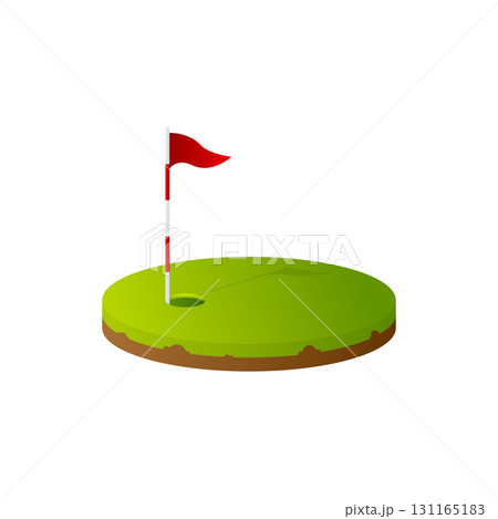 Golf hole with flag. Cartoon style. Golfing elements. Red flag, hole and grass. Vector illustration. 131165183