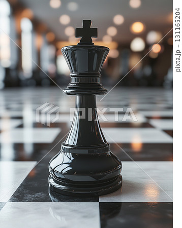 A close-up of a king chess piece on a chessboard, with other chess pieces blurred in the background, highlighting the importance and dominance of the king in the game of chess. A close-up of a king chess piece on a chessboard, with other chess pieces blurred in the background, highlighting the importance and dominance of the king in the game of chess. 131165204