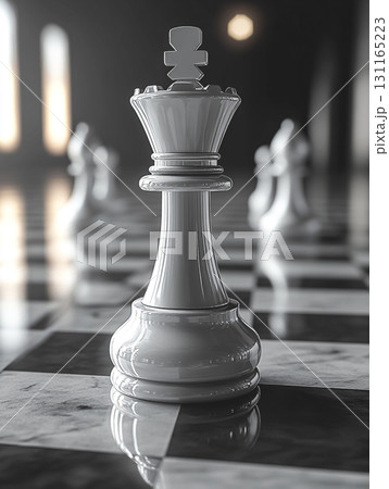 A close-up of a king chess piece on a chessboard, with other chess pieces blurred in the background, highlighting the importance and dominance of the king in the game of chess. 131165223