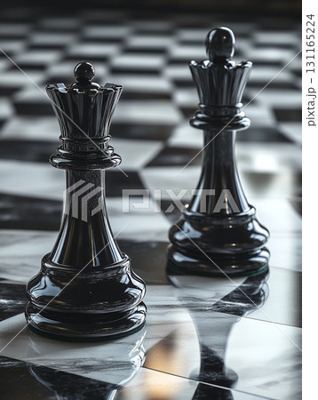 A close-up of a king chess piece on a chessboard, with other chess pieces blurred in the background, highlighting the importance and dominance of the king in the game of chess. A close-up of a king chess piece on a chessboard, with other chess pieces blurred in the background, highlighting the importance and dominance of the king in the game of chess. 131165224