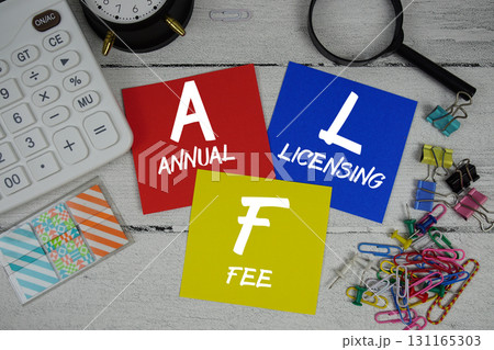 ALF Abbreviation of Annual Licensing Fee text phrase of business and financial concept 131165303