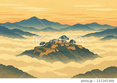 天空の城イメージ　雲海　山城　城跡　版画調 131165368