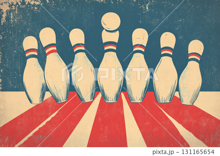 Scattered bowling pins are depicted with a retro, explosive graphic style, featuring red stripes and splatters against a dark background. 131165654