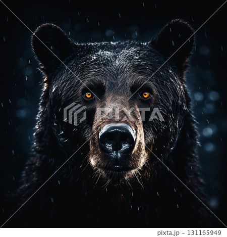 A close-up portrait of a black bear with wet fur, featuring striking amber eyes, against a dark, rainy backdrop. A close-up portrait of a black bear with wet fur, featuring striking amber eyes, against a dark, rainy backdrop. 131165949