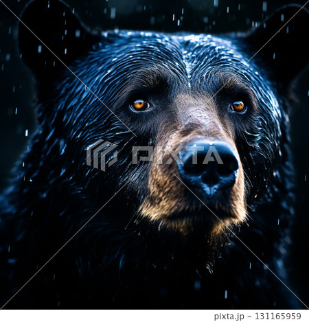 A close-up portrait of a black bear with wet fur, featuring striking amber eyes, against a dark, rainy backdrop. A close-up portrait of a black bear with wet fur, featuring striking amber eyes, against a dark, rainy backdrop. 131165959
