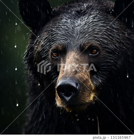 A close-up portrait of a black bear with wet fur, featuring striking amber eyes, against a dark, rainy backdrop. A close-up portrait of a black bear with wet fur, featuring striking amber eyes, against a dark, rainy backdrop. 131165967
