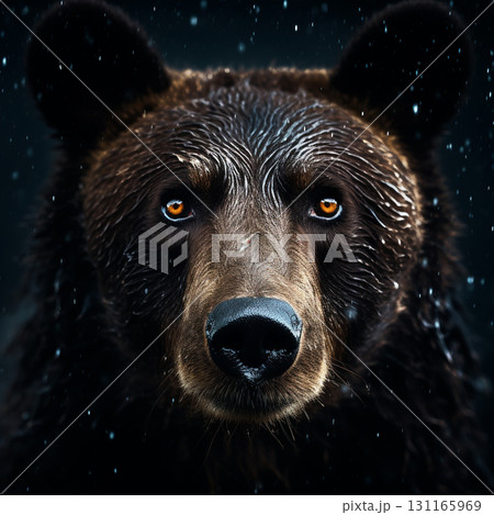 A close-up portrait of a black bear with wet fur, featuring striking amber eyes, against a dark, rainy backdrop. A close-up portrait of a black bear with wet fur, featuring striking amber eyes, against a dark, rainy backdrop. 131165969