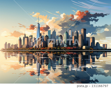 A vibrant city skyline with tall skyscrapers is mirrored in calm water, framed by lush greenery, autumn-hued trees, and a partly cloudy sky. 131166797