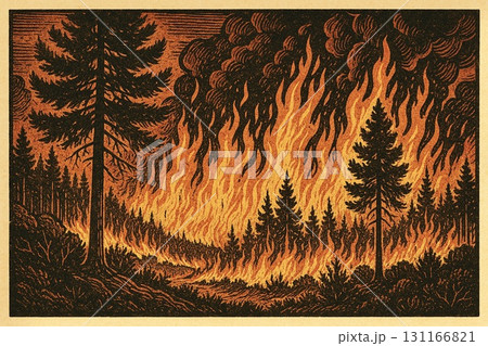 災害　山火事　森林火災　版画調 131166821